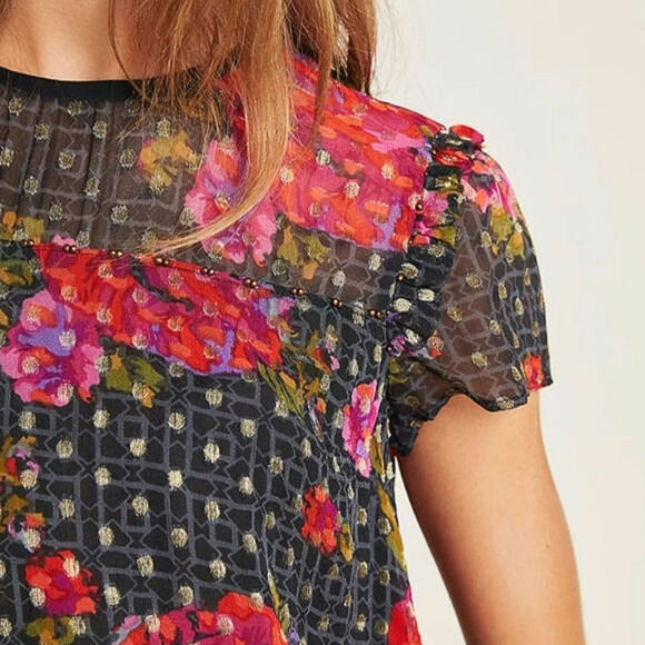 Anthropologie Fiorella Floral Blouse Gold Metallic Beaded Black Pink Red 4 - Picture 5 of 16